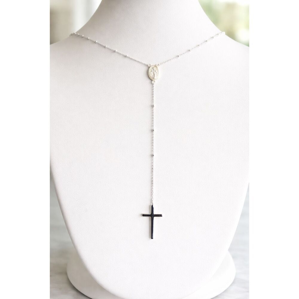 Sterling Silver Rosary Necklace Lariat Style Miraculous Medal & Cross Pendant